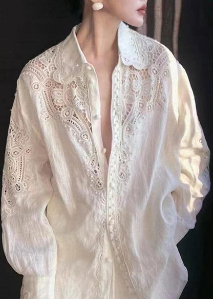White Peter Pan Collar Hollow Out Button Top Lantern Sleeve