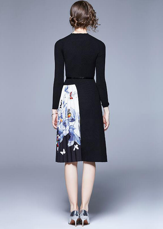 French Black O-neck Patchwork Print Knit Long Dress Long Sleeve
