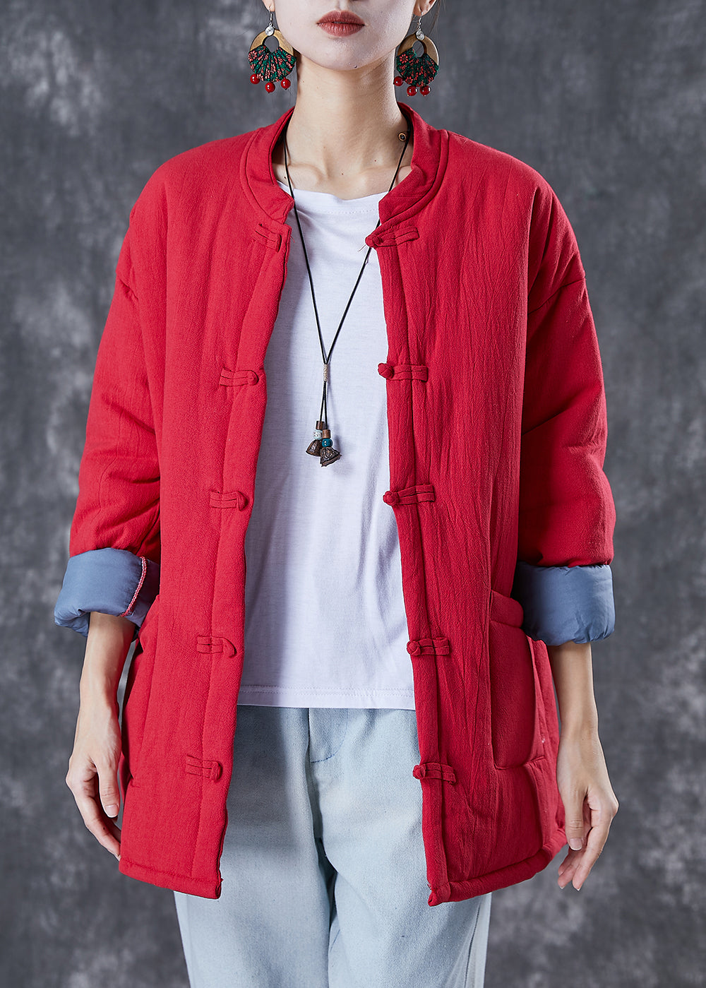 Red Warm Fine Cotton Filled Jacket Chinese Style in Winter