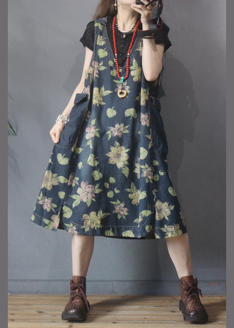 Classy Blue Print Green Cotton Side Open Summer Maxi Dresses