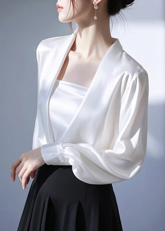 Classy White V Neck Satin Shirt Spring