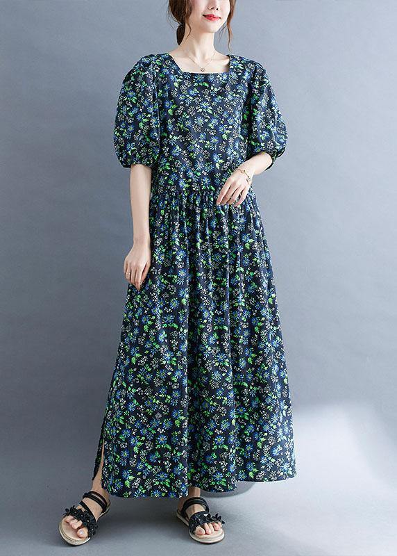 Black Loose Square Collar Print Pockets Summer Robe Dresses Puff Sleeve