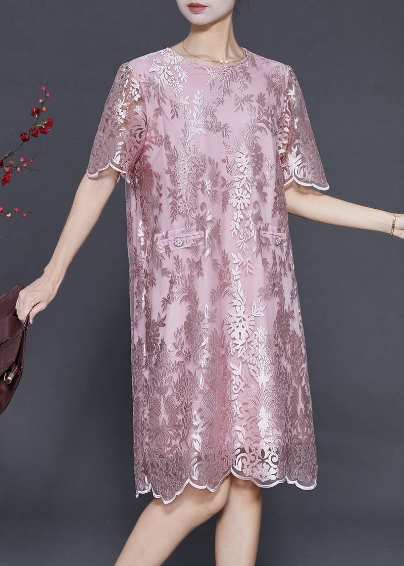 Pink Embroidered Silk Tea Dress Summer