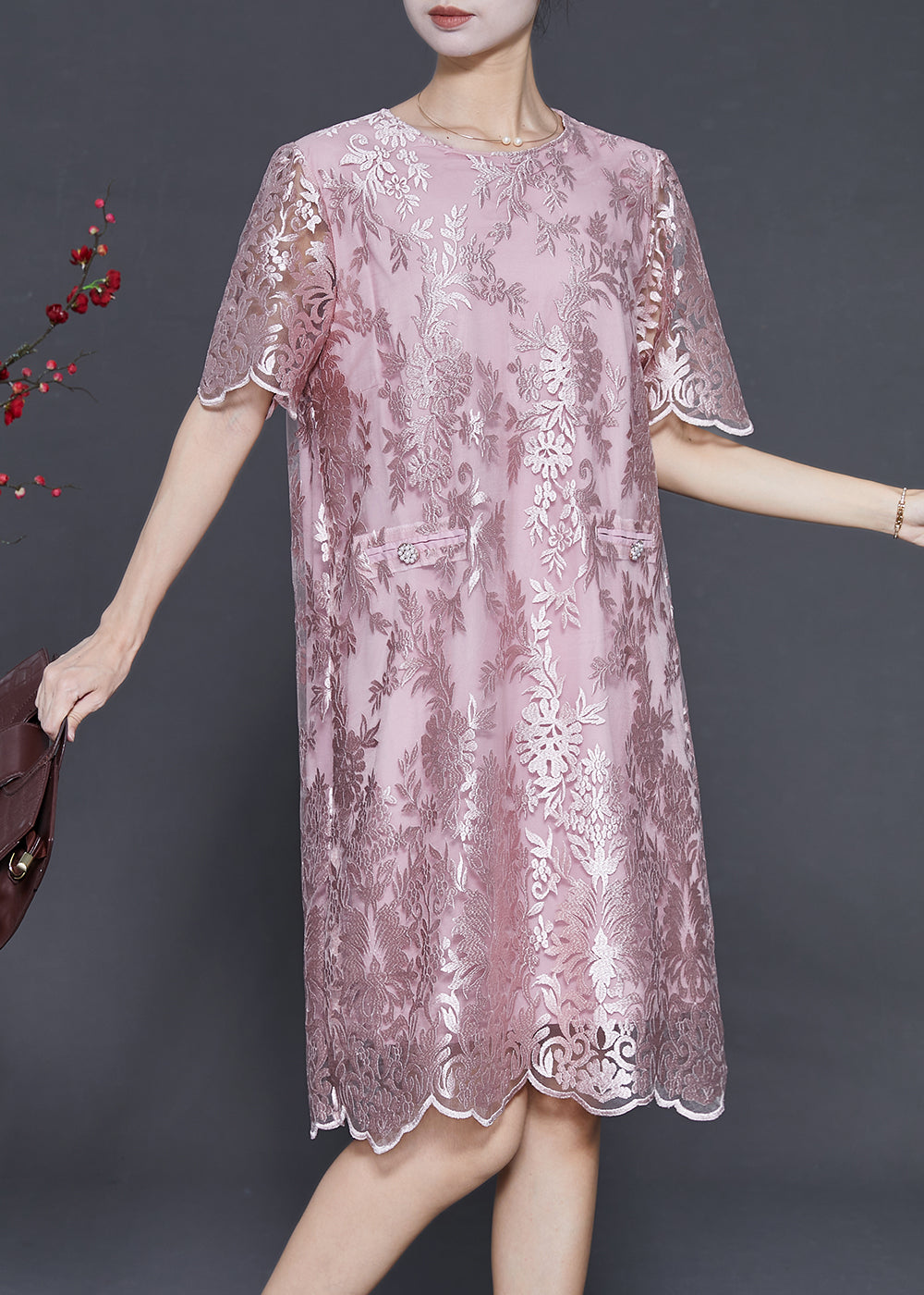 Pink Embroidered Silk Tea Dress Summer