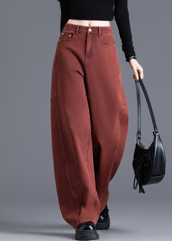 Red Pockets High Waist Denim Wide Leg Pants Spring