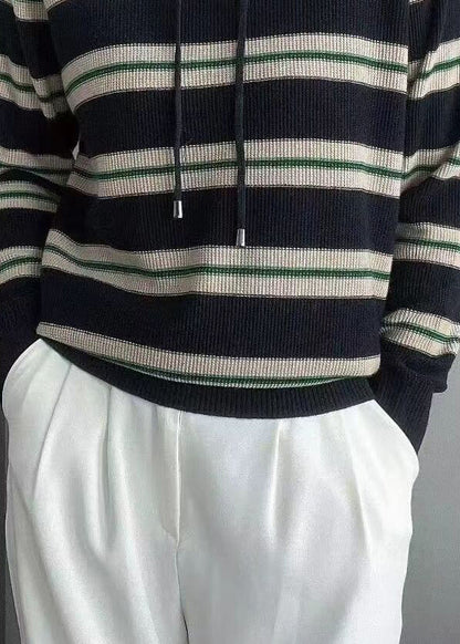 Navy Striped Hooded Patchwork Wool Knit Tops Fall