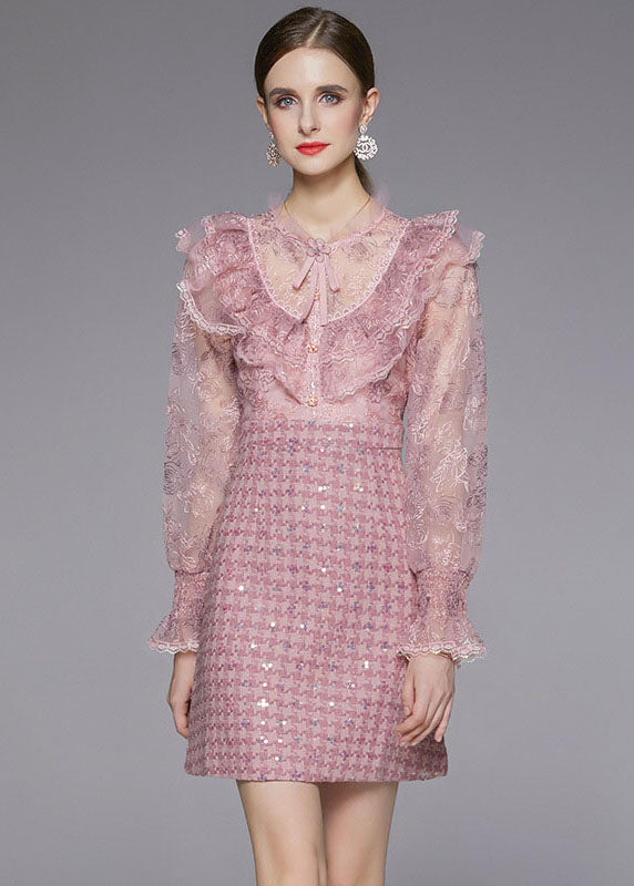 Pink Sequins Embroideried Patchwork Ruffles Dress Fall