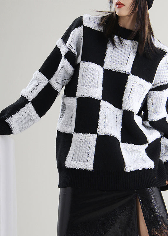 White O-neck Plaid Knit Sweater Tops Spring