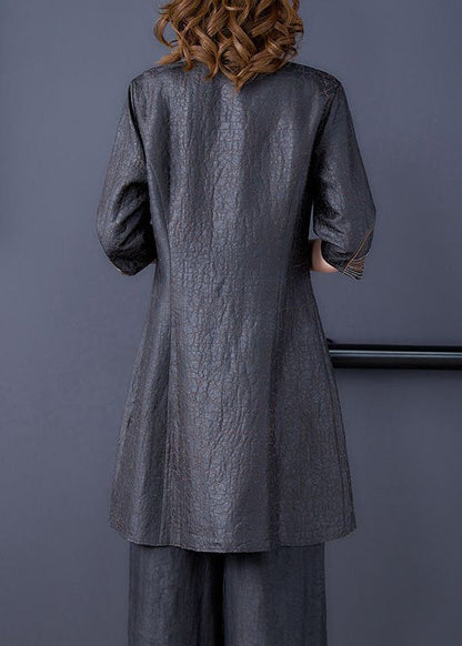 Organic Black Stand Collar Embroideried Silk Tops Summer