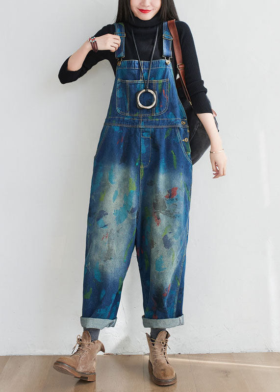 Blue Patchwork Print Denim Jumpsuit Spring