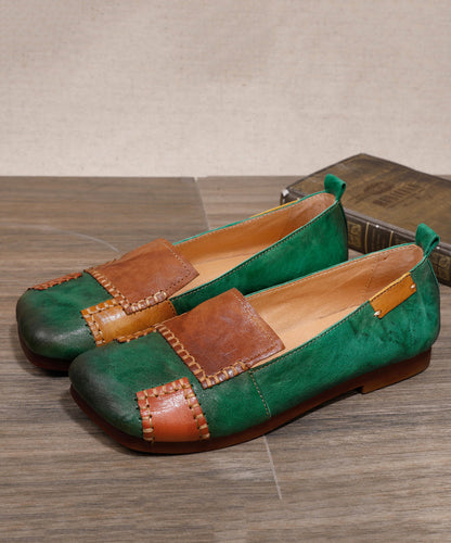 Handmade Green Cowhide Leather Soft Splicing Flat Shoes for
