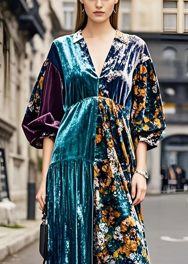 Colorblock V Neck Patchwork Silk Velour Maxi Dresses Spring