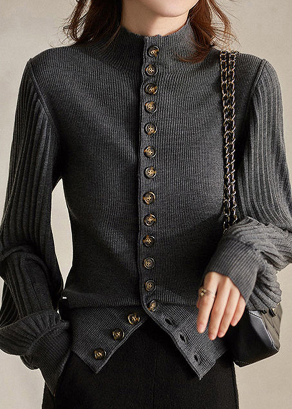 Grey Stand Collar Button Knit Top Lantern Sleeve