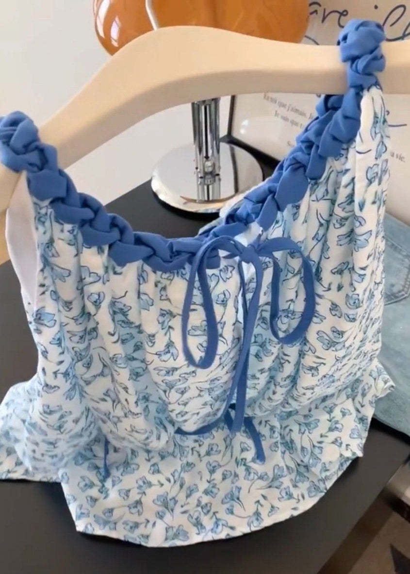 Blue Print Lace Up Cotton Tank Sleeveless
