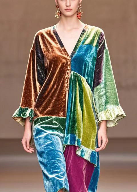 Italian Multicolor Asymmetrical Patchwork Silk Velour Day Dress Fall