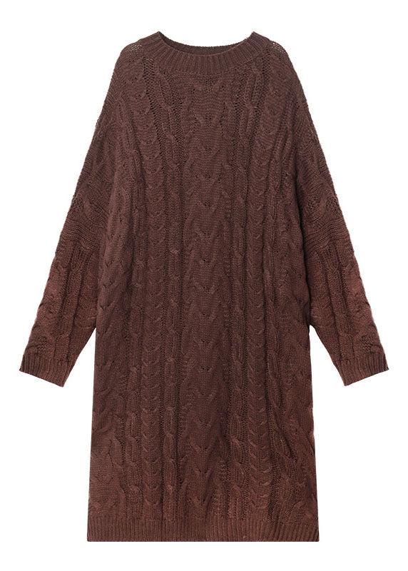 Classy Coffee O-neck Jacquard Fall Sweater Dress