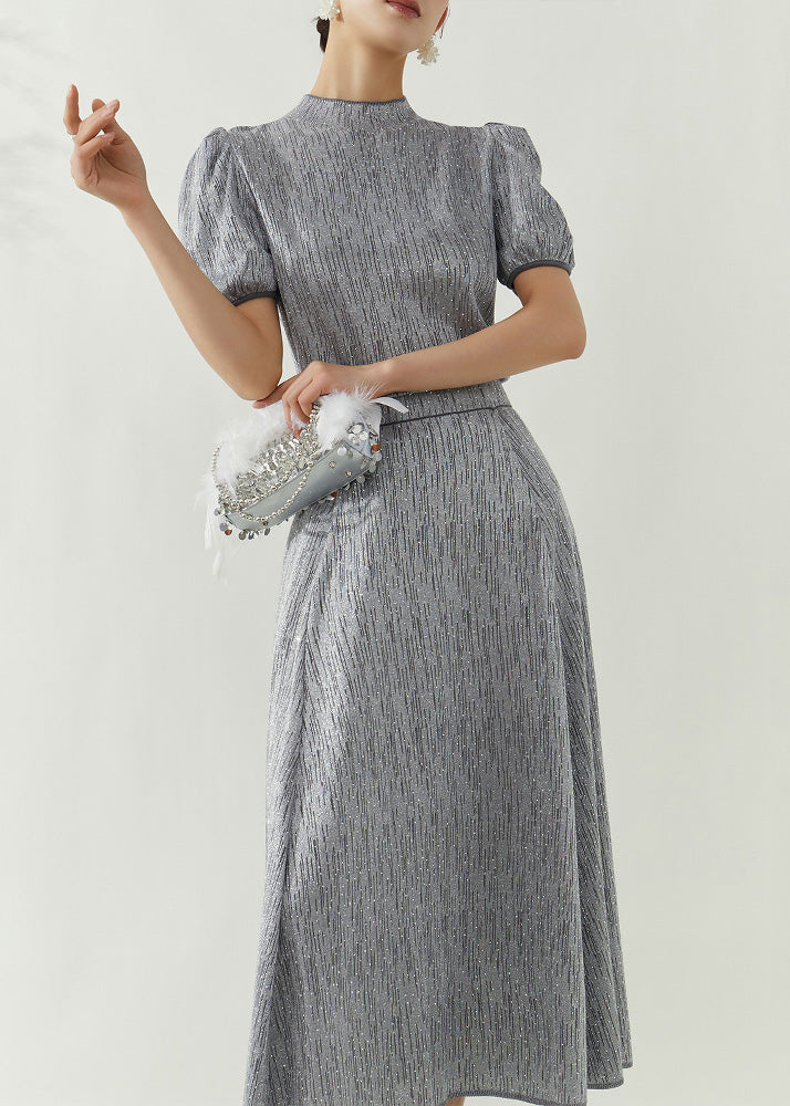 Grey Turtleneck Top and Maxi Skirts Two Pieces Set Puff Sleeve