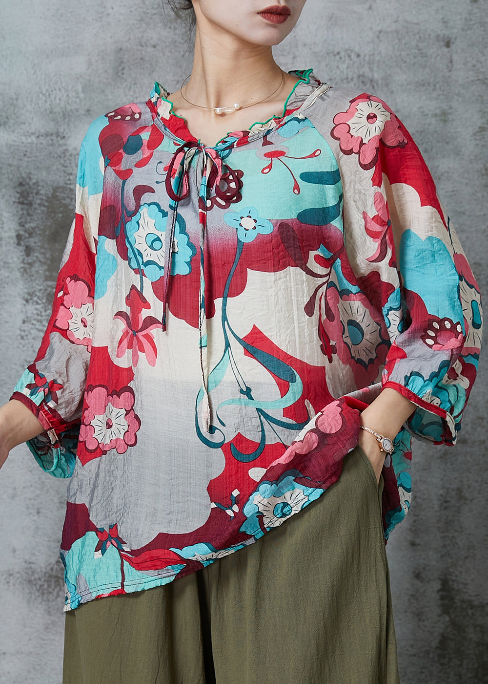 Red Ruffled Print Linen Shirts Bracelet Sleeve