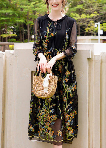 Stylish Black Embroideried Hollow Out Silk Maxi Dresses Summer