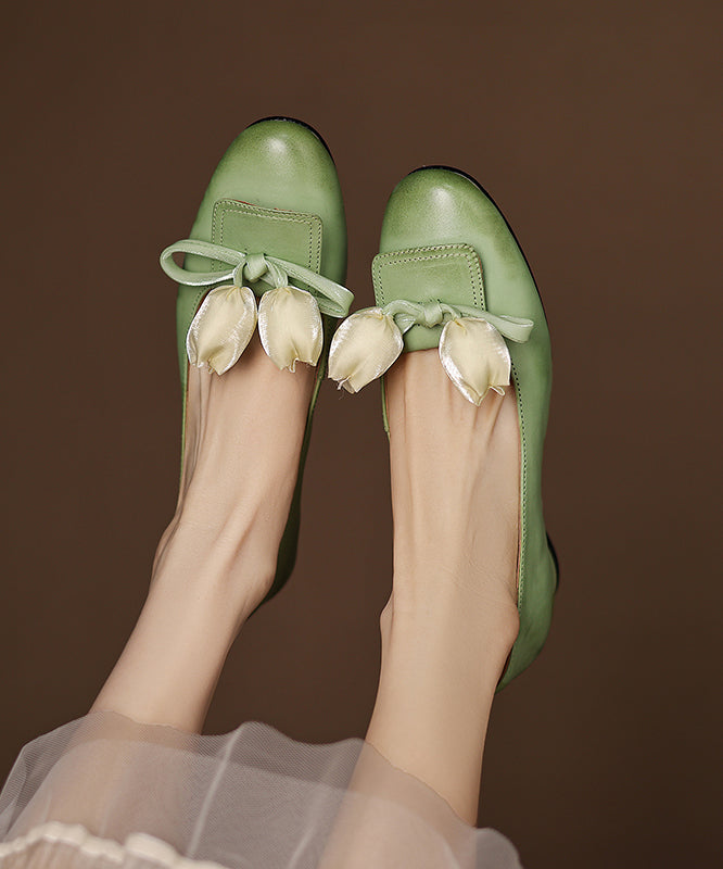 Green Bow Splicing Cowhide Leather Flat Shoes
