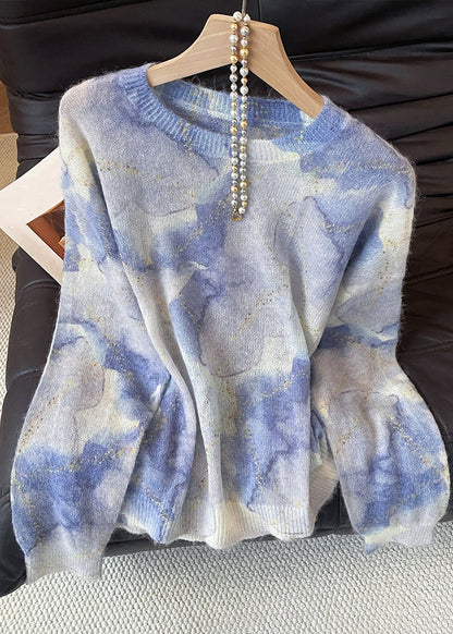 Blue O Neck Tie Dye Knit Sweater Fall