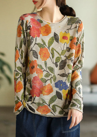 Blue O-neck Print Cotton Knitted Top Long Sleeve