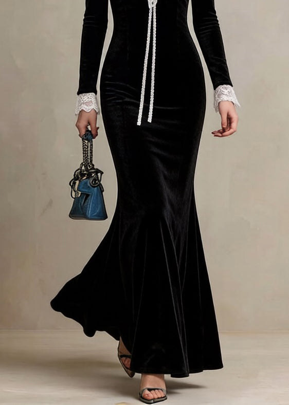 Slim Fit Black V Neck Lace Patchwork Cotton Fish Tail Dress Spring