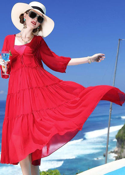 Red Patchwork Silk Two Pieces Set Beach Holiday Dress Summer