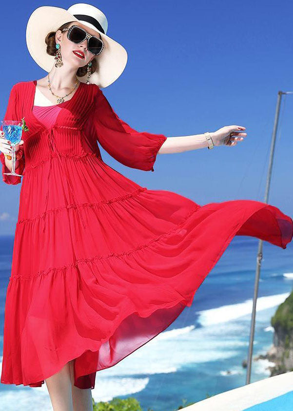 Red Patchwork Silk Two Pieces Set Beach Holiday Dress Summer