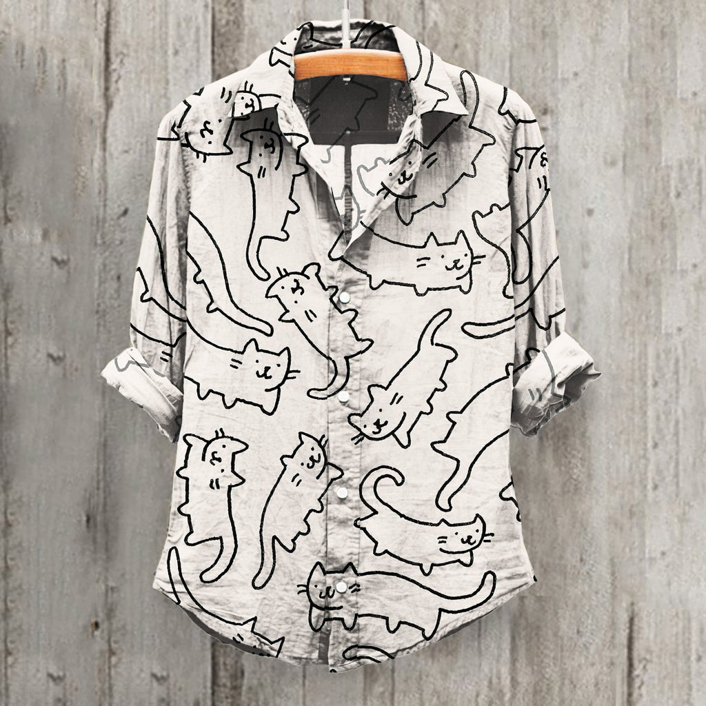 Cat Print Long Sleeve Casual Shirt elevenforest