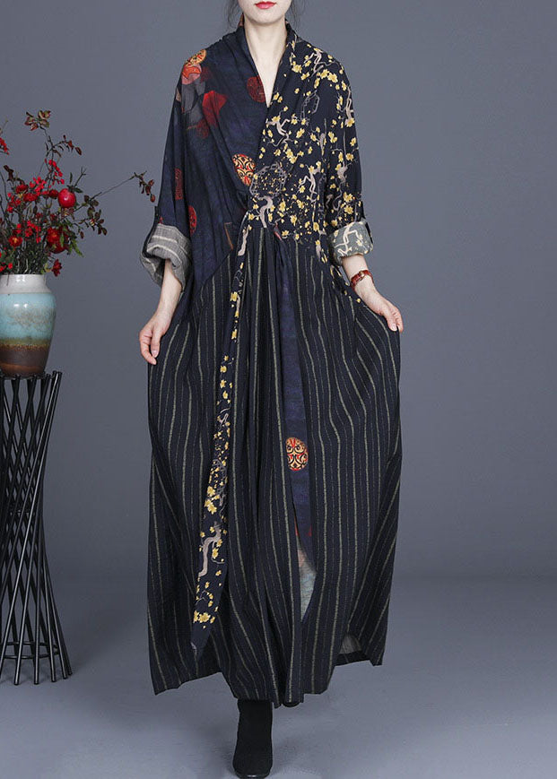 Fine V Neck Print Patchwork Tie Waist Fall Vacation Dresses