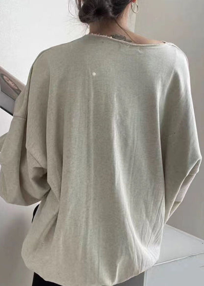 Grey O Neck Patchwork Cotton Top Lantern Sleeve