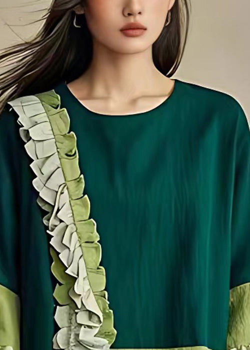 Unique Green Ruffled Front Open Cotton Top Flare Sleeve Spring
