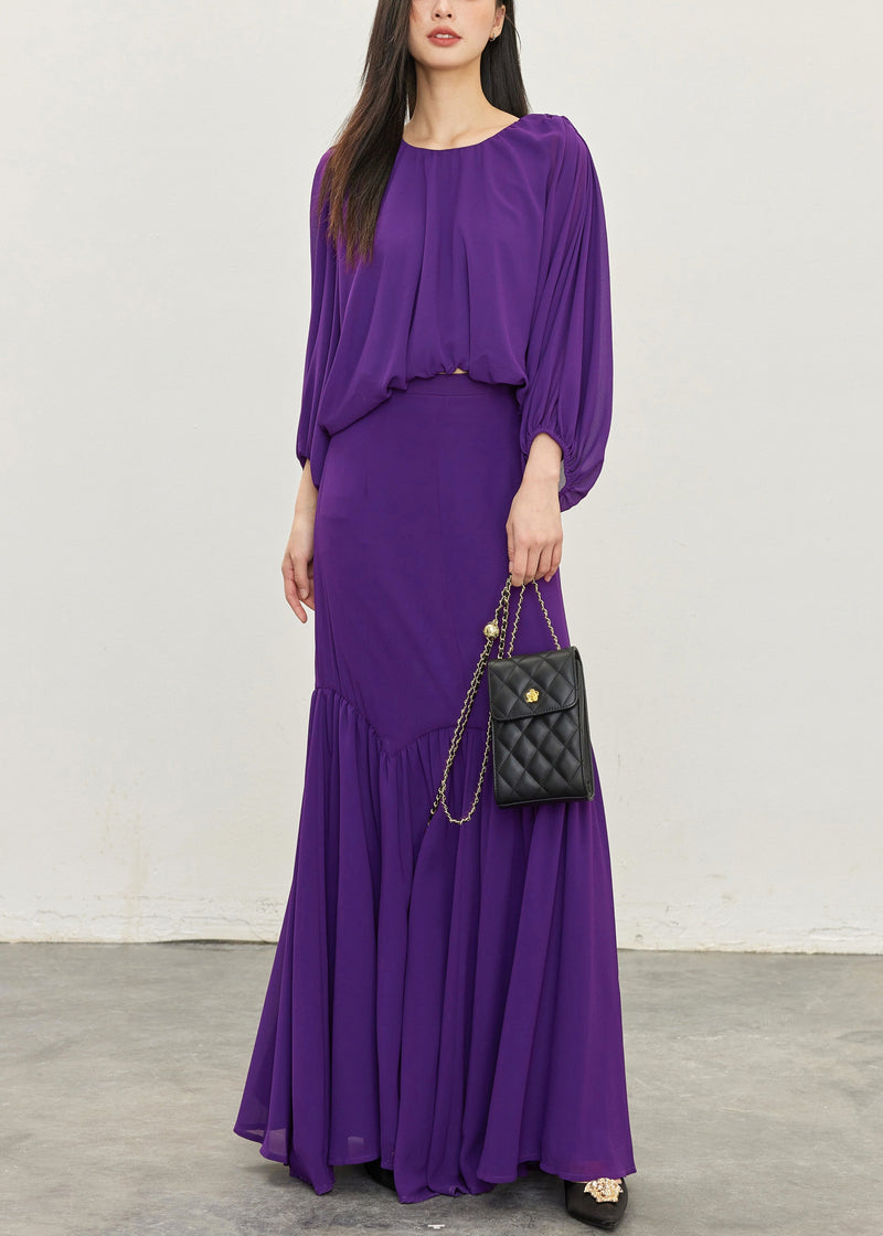 Purple Wrinkled Tops and Skirts Chiffon Two Pieces Set Batwing Sleeve