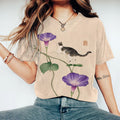 Japanese Art Cat Walking On Flowers Painting Print Crew Neck T-Shirt elevenforest