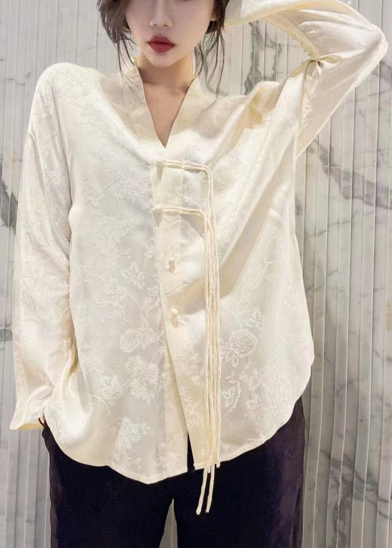 Chinese Style Yellow V Neck Jacquard Silk Shirt Tops Long Sleeve