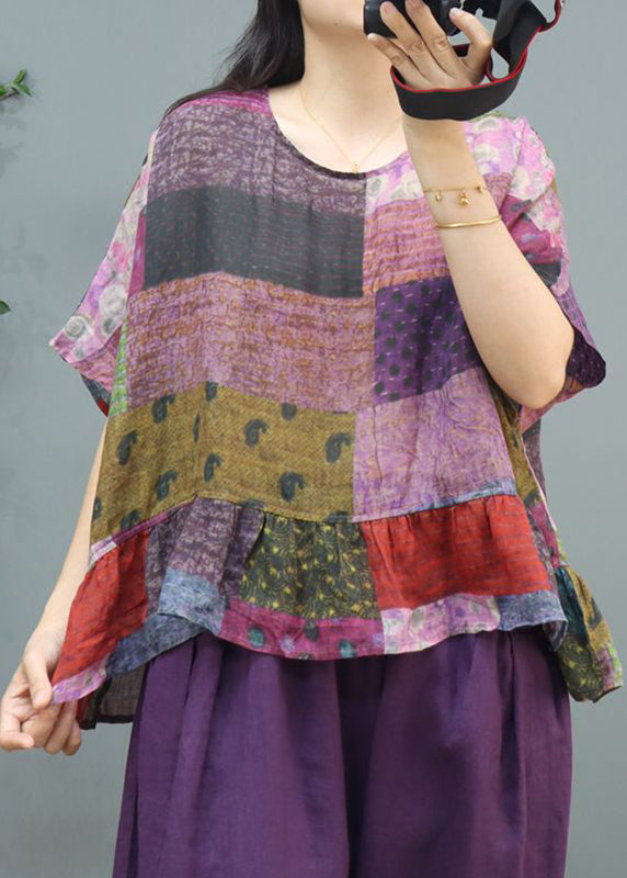 Purple Print Linen Top Short Sleeve