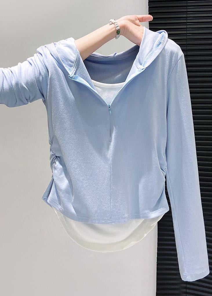 Style Sky Blue Hooded Patchwork Cotton Fake Two Piece Sweatshirt Fall