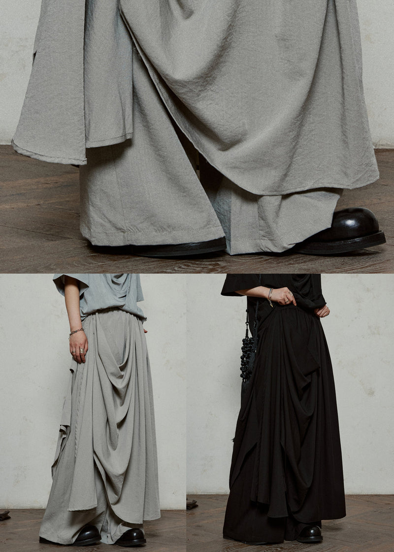 Stylish Grey Wrinkled Pockets Cotton Pants Skirt Summer