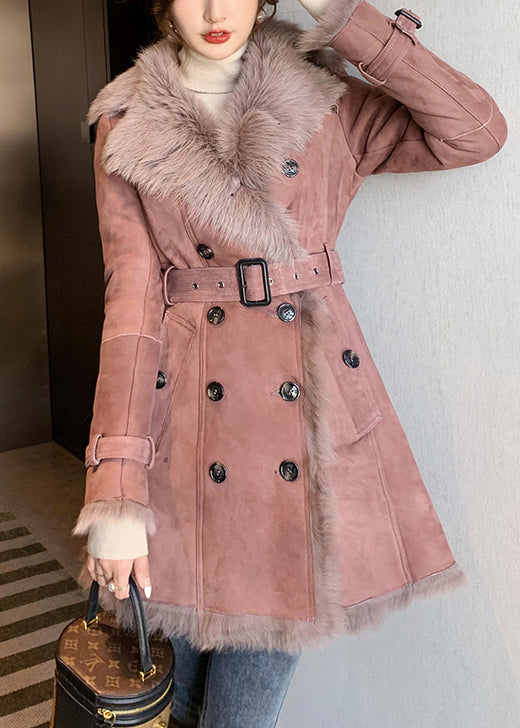 Classy Pink Fur Collar Tie Waist Leather and Fur Coats Winter