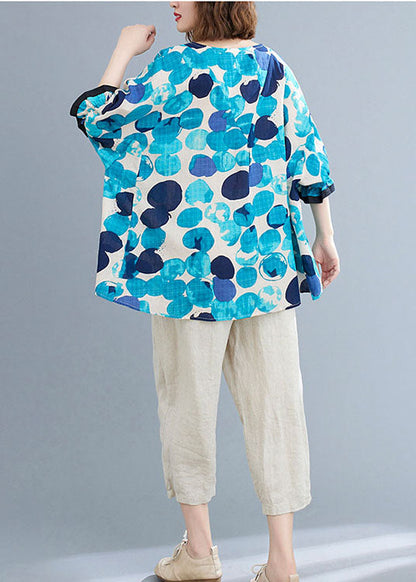 Blue O-neck Ruffled Dot Print Cotton Loose Blouses Short Sleeve
