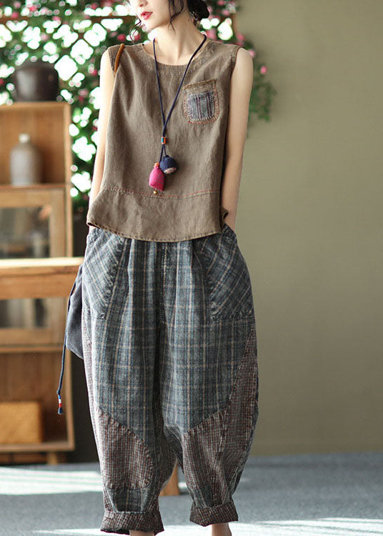 Chocolate Pocket Patchwork Linen Tank Tops Sleeveless