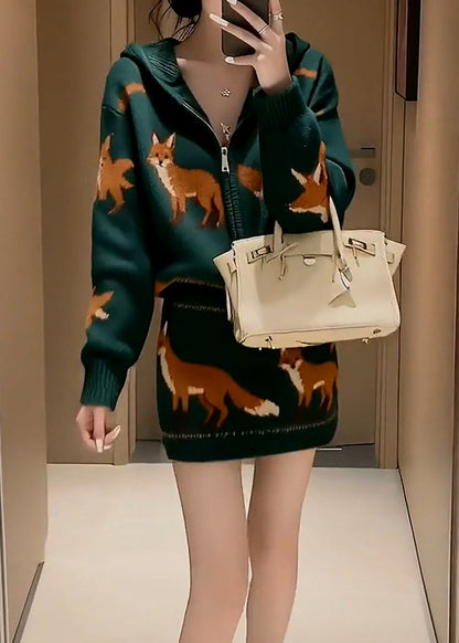 Korean Two Piece Set Green Knitted Jacquard Top and Skirt Winter