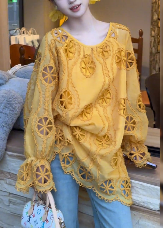 Modern Yellow Hollow Out Cotton Blouse Top Fall