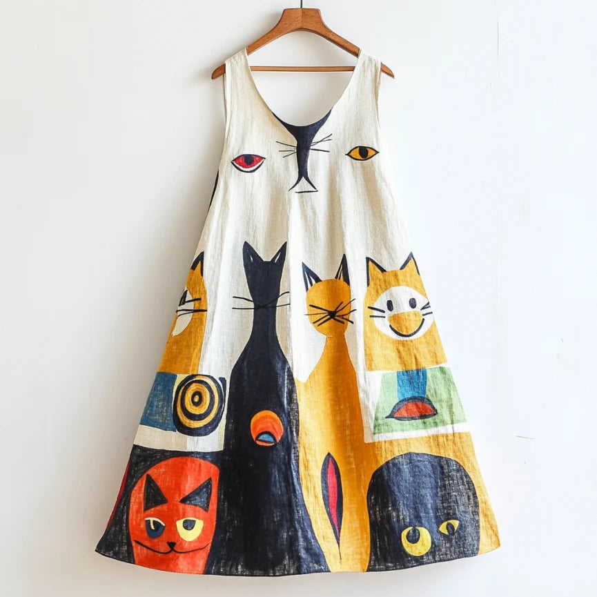 Comstylish Fun Cat Geometric Art Flowy Linen Tank Dress