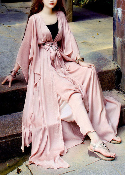 Light Pink V Neck Asymmetrical Exra Large Hem Silk Beach Cinch Dress Spring