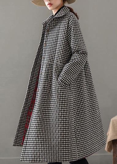 Iapel Pockets Fine Clothes for Black Plaid Tunic Coat