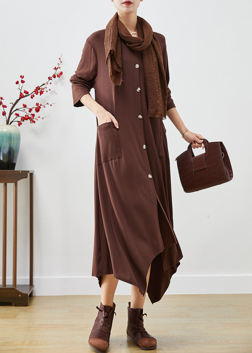 Chocolate Asymmetrical Oversized Cotton Dresses Fall