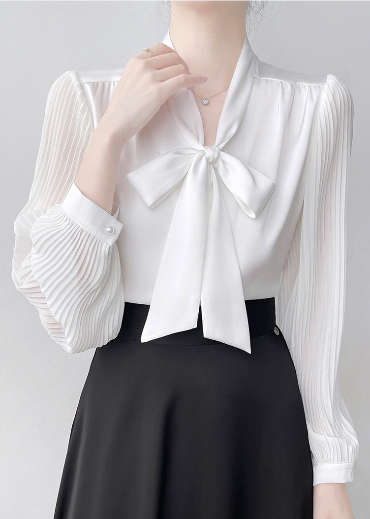 White Bow Draping Chiffon Pleated Shirts Spring
