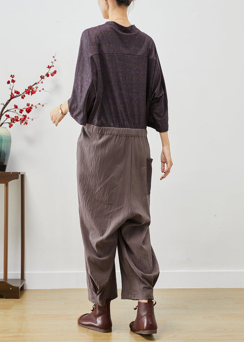 Colorblock Chinese Button Patchwork Lace Up Linen Jumpsuits Fall